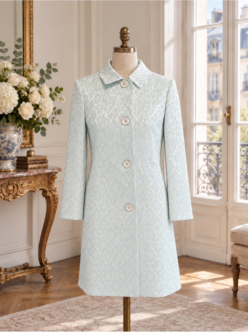 Helene Berman Light Blue Brocade Pea Coat